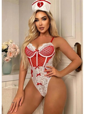 Amora Secret Kadın Fantazi İç Giyim Kırmızı Fantezi Body Hemşire Kostümü - li ve Zarif Tasarım