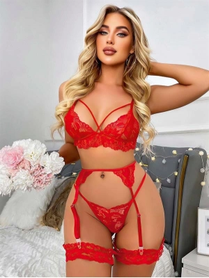Amora Secret Kadın Fantazi İç Giyim Kırmızı Göğüs İp Detaylı Dantel İşlemeli Fantezi Jartiyer Takımı - li ve Zarif Tasarım