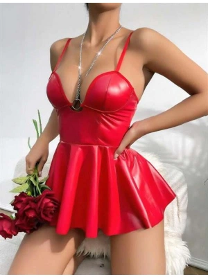 Amora Secret Kadın Fantazi İç Giyim Kırmızı Parlak Lame Fantezi Deri Elbise - li ve Zarif Tasarım