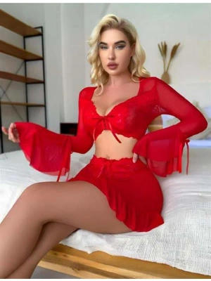 Amora Secret Kadın Fantazi İç Giyim Kırmızı Transparan Fantezi Etekli Gecelik Takım - li ve Zarif Tasarım