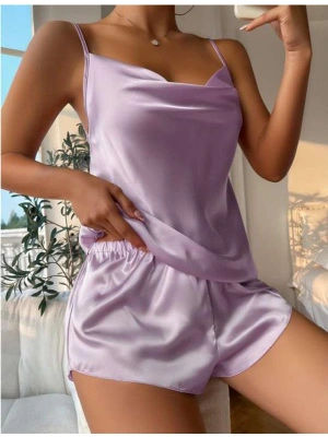 Amora Secret Kadın Fantazi İç Giyim Lila İnce Askılı Saten Şortlu Takım - li ve Zarif Tasarım