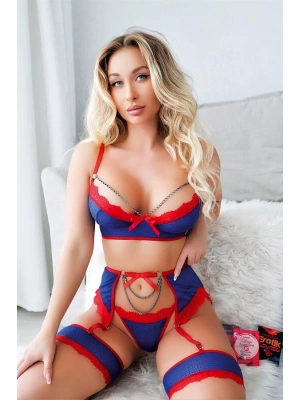 Amora Secret Kadın Fantazi İç Giyim Mavi Kırmızı Zincir Detaylı Fantezi Sütyen Külot Jartiyer Takım - li ve Zarif Tasarım