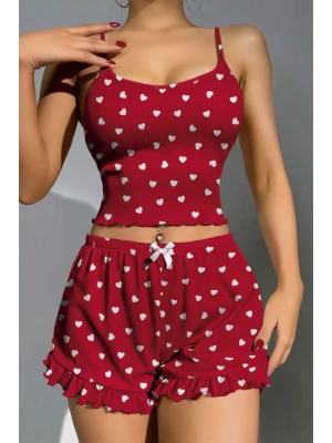 Amora Secret Kadın Fantazi İç Giyim Pamuklu Kırmızı Üstüne Beyaz Kalp Desen Fitilli Askılı Şortlu Pijama Takımı - li ve Zarif Tasarım