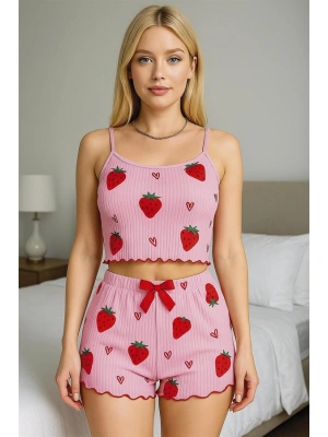 Amora Secret Kadın Fantazi İç Giyim Pamuklu Pembe Üstüne Çilek Desen Fitilli Askılı Şortlu Pijama Takımı - li ve Zarif Tasarım