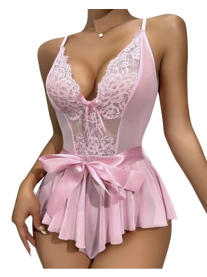 Amora Secret Kadın Fantazi İç Giyim Pembe Dantel İşlemeli Kurdelalı Fantezi Tül Babydoll - li ve Zarif Tasarım