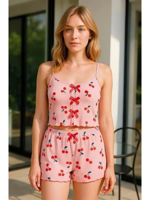 Amora Secret Kadın Fantazi İç Giyim Pembe Kiraz Desenli Kurdelalı Askılı Şortlu Pijama Takımı - li ve Zarif Tasarım