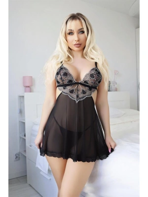 Amora Secret Kadın Fantazi İç Giyim Siyah Dantel İşlemeli Fantezi Gecelik - li ve Zarif Tasarım