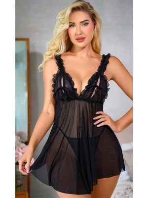 Amora Secret Kadın Fantazi İç Giyim Sİyah Fırfırlı Göğüs li Transparan Fantezi Tül Gecelik - li ve Zarif Tasarım