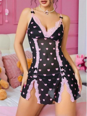 Amora Secret Kadın Fantazi İç Giyim Siyah Kalp Desenli Dantel İşlemeli Fantezi Gecelik - li ve Zarif Tasarım