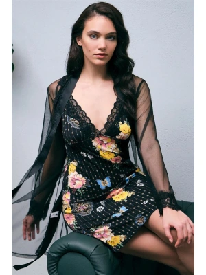 Amora Secret Kadın Fantazi İç Giyim Tül Sabahlık ve Viskon Çiçek Baskılı Dantelli Kısa Gecelik Takım - li ve Zarif Tasarım