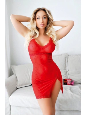 Amora Secret Kırmızı Dantel İşlemeli Yırtmaçlı Fantezi Gecelik