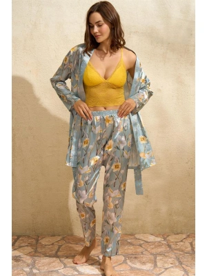 Amora Secret Saten Çiçek Baskılı Sabahlık Balensiz Desteksiz Dolgusuz Dantelli Bralet Sütyen ve Pantolon Pijama 3lü Takım