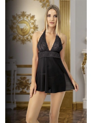 Amora Secret Siyah Dantel İşlemeli Boyundan Bağlamalı Fantezi Tül Gecelik Takımı