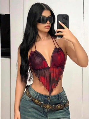 özel tasarım Amora Secret Kırmızı Siyah Desenli İnce Askılı Üçgen Kesim Crop