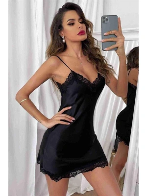 özel tasarım Amora Secret Siyah Dantel İşlemeli İnce Askılı Fantezi Saten Gecelik