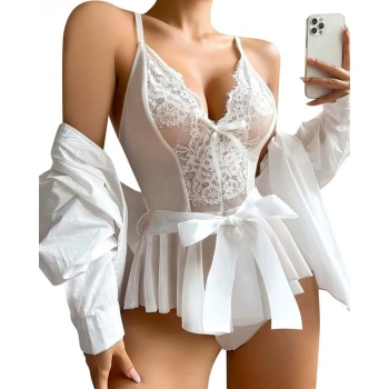 ÖZEL TASARIM  BEYAZ DANTEL İŞLEMELI KURDELALI FANTEZI TÜL BABYDOLL