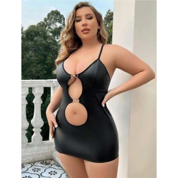 ÖZEL TASARIM  BÜYÜK BEDEN SIYAH DERI METAL AKSESUARLI FANTEZI ELBISE