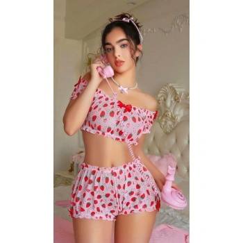 ÖZEL TASARIM  PEMBE ÇILEK DESENLI ŞORTLU FANTEZI SÜTYEN TAKIMI