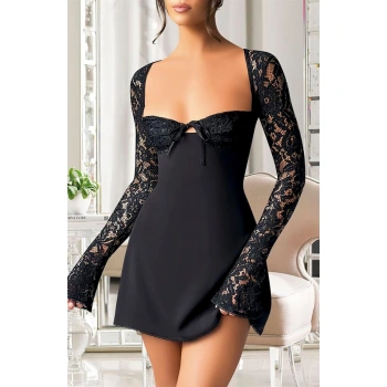 ÖZEL TASARIM ÖZEL TASARIM DANTEL İŞLEMELİ ŞIK UZUN BOLEROLU SİYAH FANTEZİ MİNİ CLUB ELBİSESİ