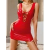 Amora Secret Kadın Fantazi İç Giyim Kırmızı Arkası İp Dekolteli Mini Fantezi Parlak Deri Elbise - Şehvetli ve Zarif Tasarım