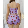 Amora Secret Kadın Fantazi İç Giyim Pamuklu Lila Üstüne Çilek Desen Fitilli Askılı Şortlu Pijama Takımı - Şehvetli ve Zarif Tasarım