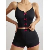 Amora Secret Kadın Fantazi İç Giyim Pamuklu Siyah Üstüne Pembe Kurdelalı Fitilli Askılı Şortlu Pijama Takımı - Şehvetli ve Zarif Tasarım