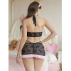 Amora Secret Kadın Fantazi İç Giyim Siyah Dantel İşlemeli Fırfır Etekli Büstiyerli Fantezi Sütyen Takımı - Şehvetli ve Zarif Tasarım