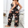 ÖZEL TASARIM  BÜYÜK BEDEN SIYAH ÜSTÜNE ÇIÇEK DESENLI İNCE ASKILI 2LI PIJAMA TAKIMI