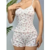 ÖZEL TASARIM  PAMUKLU BEYAZ ÜSTÜNE ÇIÇEK DESEN FITILLI ASKILI ŞORTLU PIJAMA TAKIMI