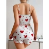 ÖZEL TASARIM  PAMUKLU BEYAZ ÜSTÜNE KIRMIZI KALP DESENLI ASKILI ŞORTLU PIJAMA TAKIMI
