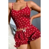 ÖZEL TASARIM  PAMUKLU KIRMIZI ÜSTÜNE BEYAZ KALP DESEN FITILLI ASKILI ŞORTLU PIJAMA TAKIMI