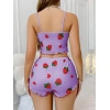 ÖZEL TASARIM  PAMUKLU LILA ÜSTÜNE ÇILEK DESEN FITILLI ASKILI ŞORTLU PIJAMA TAKIMI