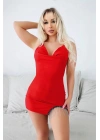 Amora Secret Bacak Kısmı Boncuk Detaylı Kırmızı Mini Fantezi Gecelik