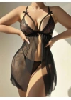 özel tasarım Amora Secret Siyah Dantel İşlemeli Göğüs İp Detaylı Dekolteli Fantezi Tül Gecelik String Takımı
