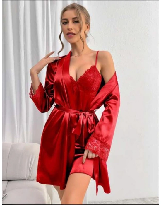 Amora Secret Kadın Fantazi İç Giyim Dantel İşlemeli İnce Askılı Kırmızı Saten 2li Gecelik Sabahlık Takımı - li ve Zarif Tasarım
