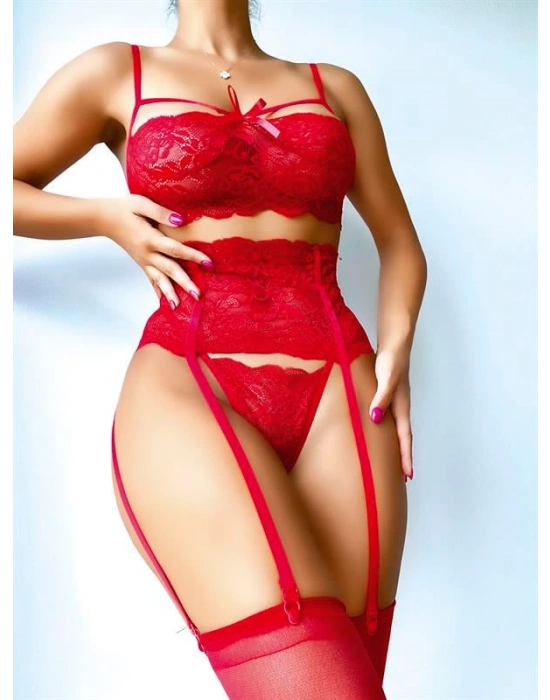 Amora Secret Kadın Fantazi İç Giyim Jartiyerli Kırmızı Sütyen Külot Takım - li ve Zarif Tasarım