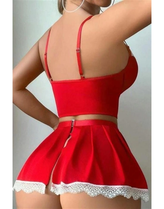 Amora Secret Kadın Fantazi İç Giyim Kırmızı Beyaz Bacak Aksesuarlı Büstiyerli Fantezi Hizmetçi Kostümü - li ve Zarif Tasarım