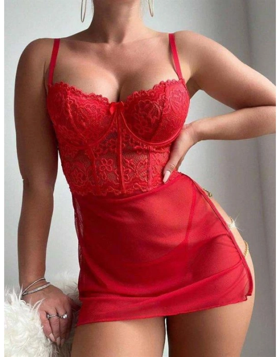 Amora Secret Kadın Fantazi İç Giyim Kırmızı Dantelli Zincir Detaylı Tül Fantezi Gecelik - li ve Zarif Tasarım
