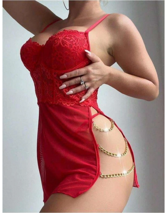 Amora Secret Kadın Fantazi İç Giyim Kırmızı Dantelli Zincir Detaylı Tül Fantezi Gecelik - li ve Zarif Tasarım