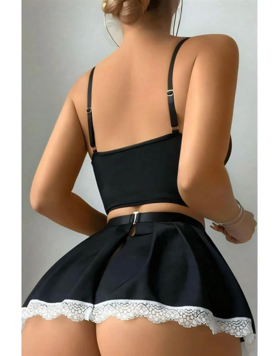 Amora Secret Kadın Fantazi İç Giyim Siyah Beyaz Bacak Aksesuarlı Büstiyerli Fantezi Hizmetçi Kostümü - li ve Zarif Tasarım