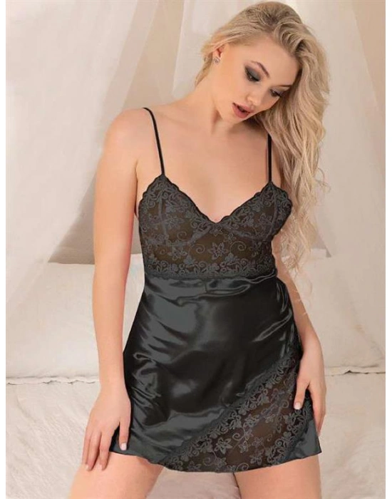 Amora Secret Kadın Fantazi İç Giyim Siyah Dantel İşlemeli İnce Askılı Saten Kısa Fantezi Gecelik - li ve Zarif Tasarım