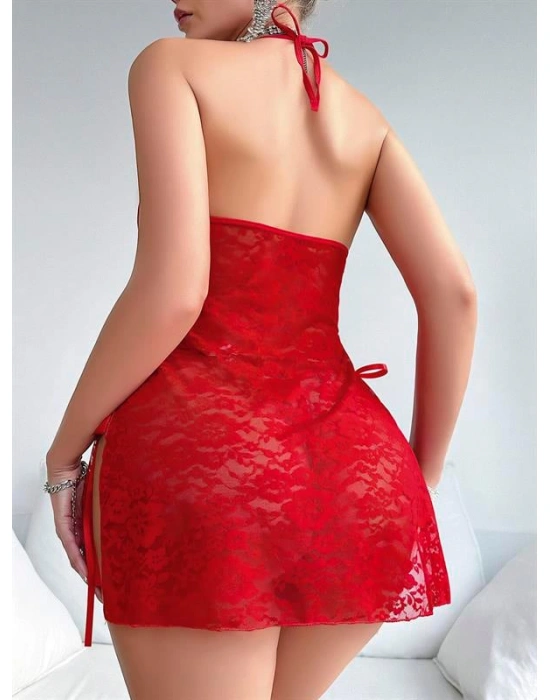 Amora Secret Kırmızı Dantel İşlemeli Yandan Bağlamalı Fantezi Tül Gecelik