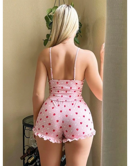 Amora Secret Pembe Üstüne Çilek Desenli Askılı Şortlu Pijama Takımı