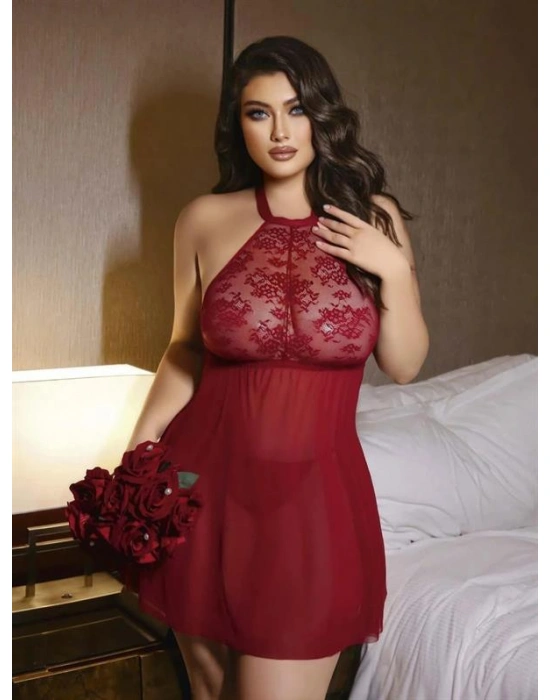 özel tasarım Amora Secret Bordo Dantel İşlemeli Göğüs Dekolteli Boyundan Bağlamalı Fantezi String Tül Gecelik Takımı