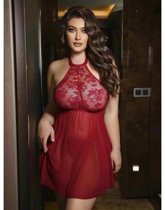 özel tasarım Amora Secret Bordo Dantel İşlemeli Göğüs Dekolteli Boyundan Bağlamalı Fantezi String Tül Gecelik Takımı