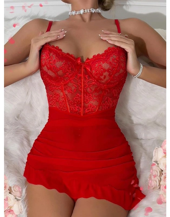 özel tasarım Amora Secret Fırfırlı Dantel İşlemeli Tül Fantezi Kırmızı Gecelik