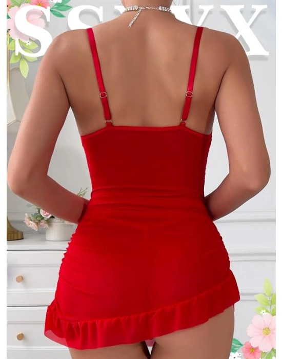 özel tasarım Amora Secret Fırfırlı Dantel İşlemeli Tül Fantezi Kırmızı Gecelik