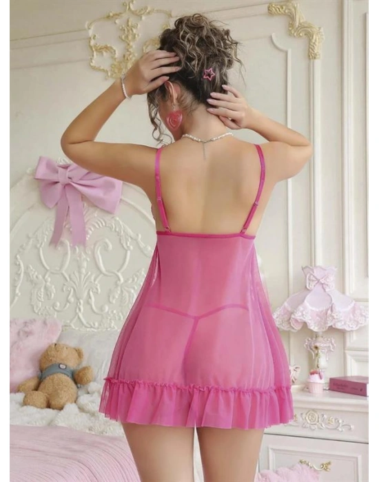 özel tasarım Amora Secret Fuşya Dantel İşlemeli Göğüs Dekolteli Fiyonklu Fantezi String Tül Gecelik Takımı