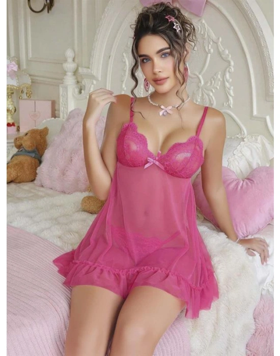 özel tasarım Amora Secret Fuşya Dantel İşlemeli Göğüs Dekolteli Fiyonklu Fantezi String Tül Gecelik Takımı