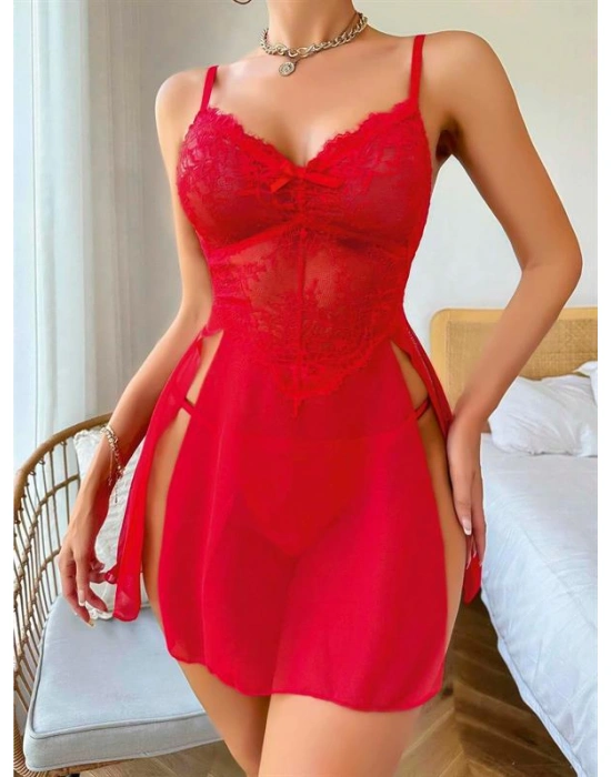 özel tasarım Amora Secret Kırmızı Dantel İşlemeli Fiyonk Detaylı Yanları Dekolteli Fantezi Gecelik